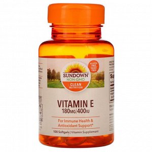 Витамин E Sundown Naturals, Витамин E, 400 IU, 100 мягких желатиновых капсул. Витамин Е (в виде ди-альфа. Витамин E помогает организму бороться с разрушающими клетки свободными радикалами. Свободные р