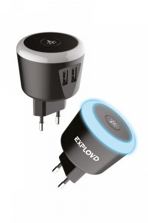 Exployd, 3.4A, 2.4А+1А, 2хUSB, подсветка, чёрный