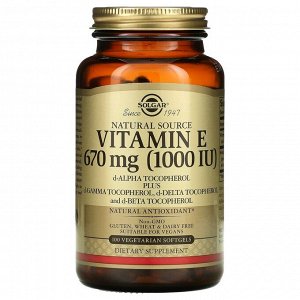 Solgar, Натуральный витамин Е, 670 мкг (1000 МЕ), 100 мягких таблеток