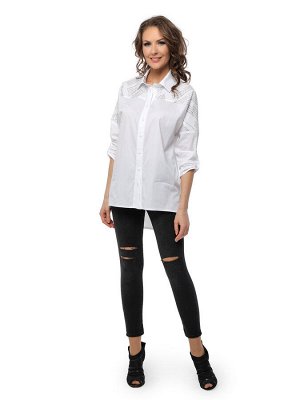 Блуза Блуза-рубашка прямого силуэта с цельнокроеными рукавами, застежкой на петли и пуговицы и разноуровневой длиной.  Воротник - рубашечного типа на стойке.  Длину рукава можно менять посредством пат