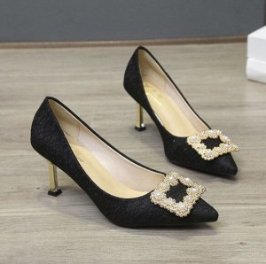 Женские туфли, декор пряжка с стразами/жемчужинами, цвет черный