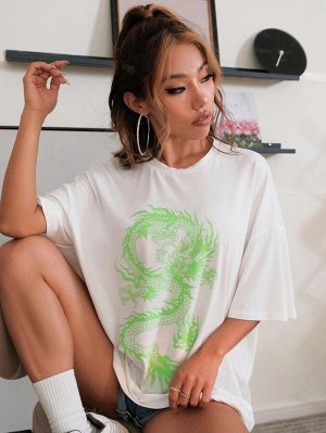 Длинная футболка оверсайз с рисунком китайского дракона