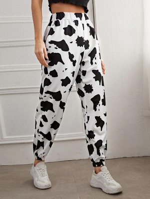 Спортивные брюки с высокой талией и принтом коровы