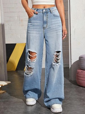 Рваные широкие джинсы