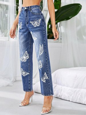 Прямые джинсы с принтос бабочки