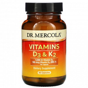 Dr. Mercola, витамины D3 и K2, 90 капсул