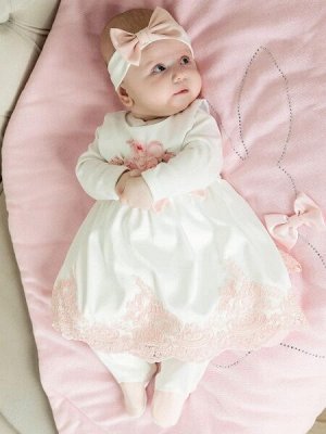 Комплект на выписку "Принцесса" комбинезон и платье РОЗЫ (молочное с розовым кружевом)