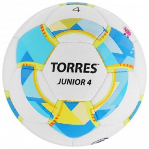 Мяч футбольный TORRES Junior-4, размер 4, вес 310-330 г, глянцевый ПУ, 3 слоя, 32 панели, ручная сшивка, цвет белый/синий/жёлтый