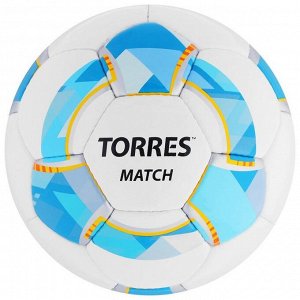 Мяч футбольный TORRES Match, размер 4, 32 панели, PU, 4 подкладочных слоя, ручная сшивка, цвет белый/синий/жёлтый