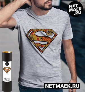 Мужская Футболка Супермен Russian Style, цвет серый меланж
