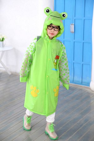 Детский плащ-дождевик с козырьком и отсеком для рюкзака, цвет зеленый, принт "Лягушка"