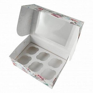 Коробка для 6 капкейков с окном "Цветы ассорти"