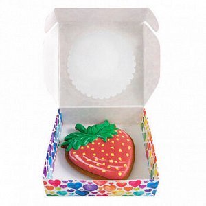 Коробка для печенья 12*12*3 см с окном "Разноцветные сердечки"