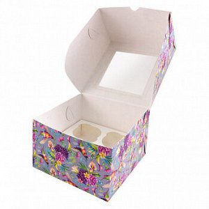 Коробка для 4 капкейков с окном "Птицы в цветах"