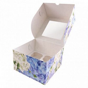 Коробка для 4 капкейков с окном "Голубая гортензия"