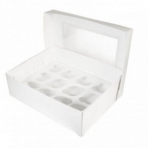 Коробка для 12 капкейков, NEW белая с окном, 50 шт