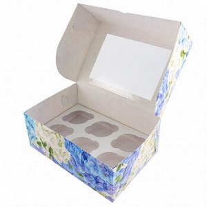 Коробка для 6 капкейков с окном "Голубая гортензия"