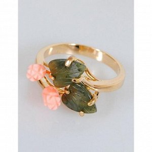 Кольцо с кораллом и нефритом "Розы" дуэт, позолота с родированием , размер 16