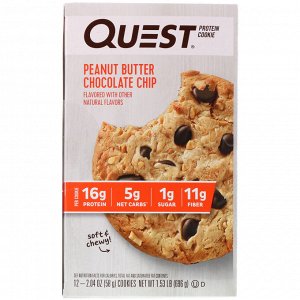 Quest Nutrition, Белковое печенье, арахисовое масло с шоколадной стружкой, 12 штук, по 2,04 унции (58 г) каждое