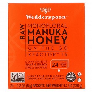 Wedderspoon, Raw Monofloral Manuka Honey, KFactor 16, 24 Packs, 0.2 oz (5 g) Each