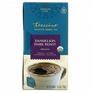 Teeccino, органический обжаренный травяной чай, одуванчик темного способа обжаривания, без кофеина, 25 чайных пакетиков, 150 г (5,3 унции)