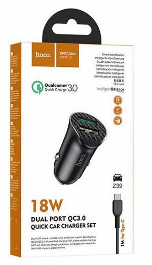 Автомобильное зарядное устройство Z39 Farsighted QC3.0 + Кабель Type C 1M