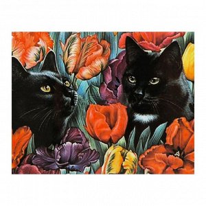 Роспись по холсту «Коты в тюльпанах» по номерам с красками по 3 мл+ кисти+инстр+крепеж, 30 ? 40 см