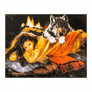 Роспись по холсту "Девушка с волком"по номерам с красками по3 мл+ кисти+крепеж30*40