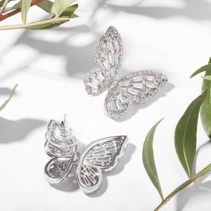 Серьги со стразами "Бабочки" сказочные, белые в серебре