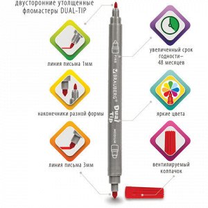 Фломастеры двусторонние BRAUBERG "PREMIUM" "DUAL-TIP", 10 шт., 10 цветов, два наконечника, картонная коробка с европодвесом, 151946