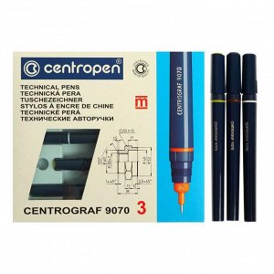 Набор 3 рапидографов Centropen 9070, толщина: 0.25, 0.35, 0.50, + тушь + держататель