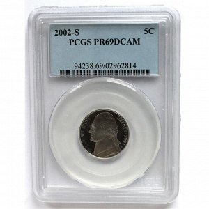 США 5 центов 2002 (S) PROOF «ТОМАС ДЖЕФФЕРСОН» в слабе PCGS PR69DCAM