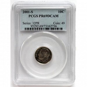 США 10 центов (дайм) 2001 (S) PROOF «РУЗВЕЛЬТ» в слабе PCGS PR69DCAM