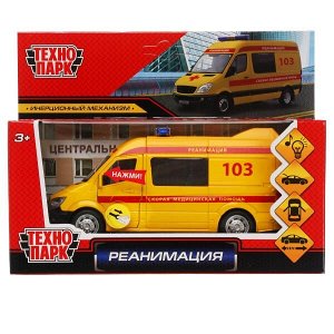 887-27R-R Машина металл свет-звук РЕАНИМАЦИЯ 14,5 см, двери, багаж, инерц, желт, кор. ТЕХНОПАРК в кор.2*36шт