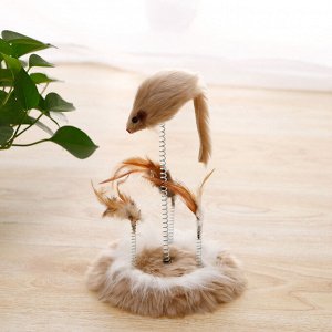 Игрушка для котов "Мышка на пружинке с перьями" на подставке
