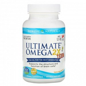 Nordic Naturals, Ultimate Omega 2X Teen, для подростков от 12 до 18 лет, со вкусом клубники, 60 мини-капсул