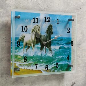 Часы настенные, серия: Животный мир, "Лошади в море", 25х35  см