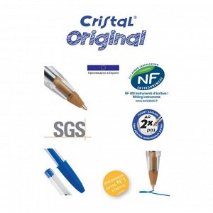 Ручка шариковая, синяя, среднее письмо, прозрачный корпус, BIC Cristal Original