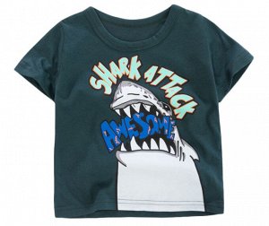 Детская футболка, надпись "Shark attack awesome", цвет зелено-синий