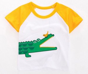 Детская футболка, принт "Крокодил и птичка", цвет белый/желтый