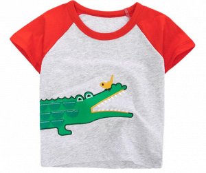 Детская футболка, принт "Крокодил и птичка", цвет серый/красный