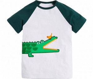 Детская футболка, принт "Крокодил и птичка", цвет белый/зеленый