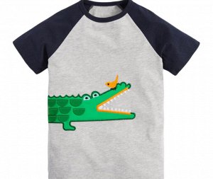 Детская футболка, принт "Крокодил и птичка", цвет серый/темно-синий