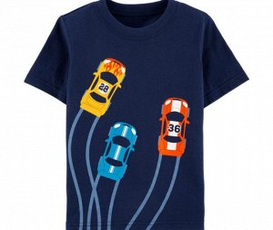 Детская футболка, принт "Три машины", цвет темно-синий