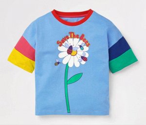 Детская футболка, принт "Пчелки на ромашке", цвет голубой