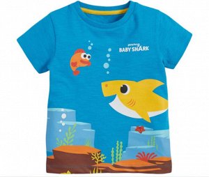 Детская футболка, принт "Желтый акуленок и рыбка", цвет темно-голубой
