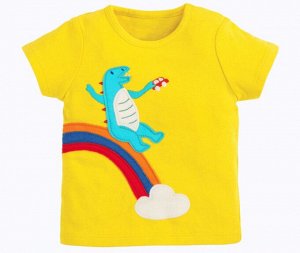 Детская футболка, принт "Динозаврик на радуге", цвет желтый