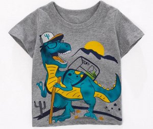 Детская футболка, принт "Динозавр в походе", цвет серый