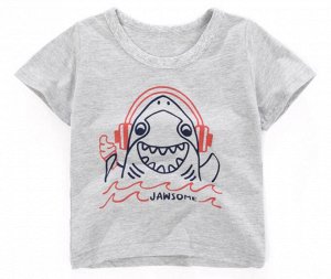 Детская футболка, принт "Акула в наушниках", цвет серый