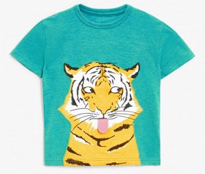 Детская футболка, принт "Игривый тигр", цвет зелено-голубой